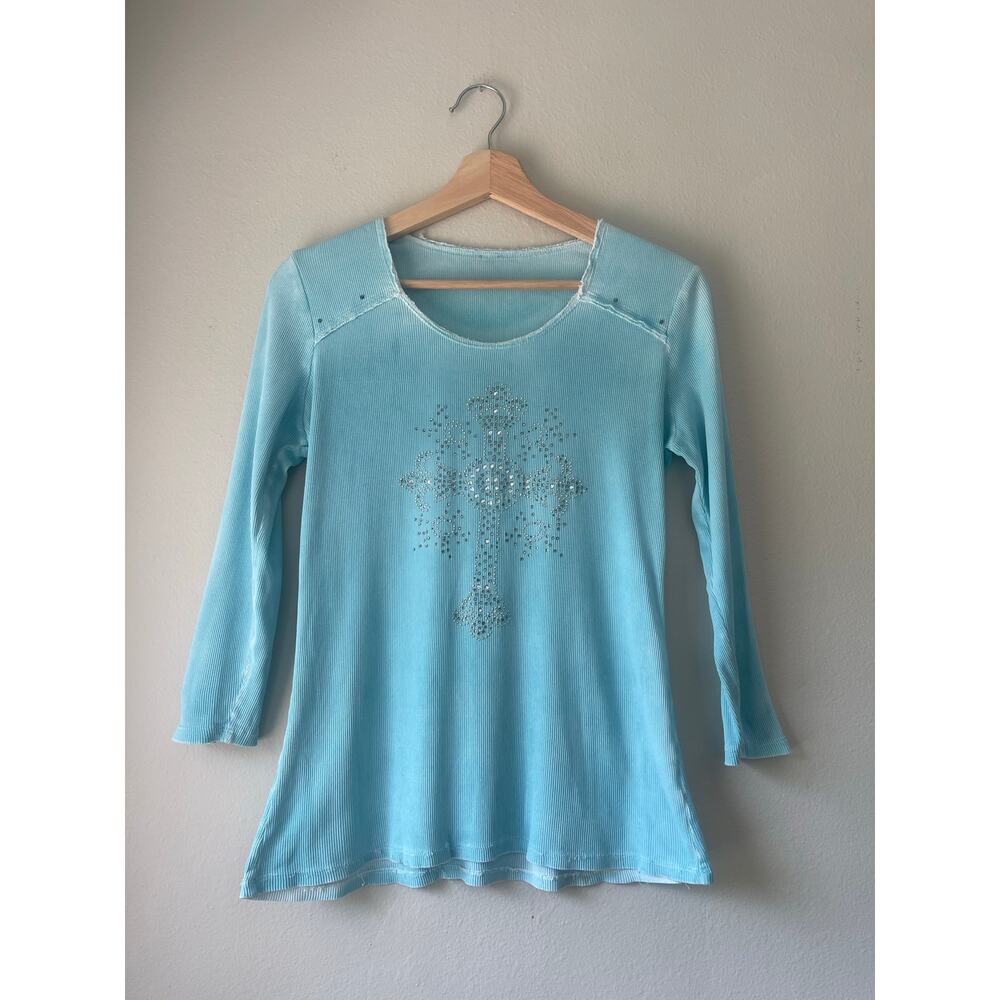 Y2K Bedazzled Rhinestone Cross Blue Long-Sleeve Shirt – Size Medium
